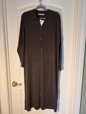 Zara Long Button-Front Shirt Dress in Dark Brown